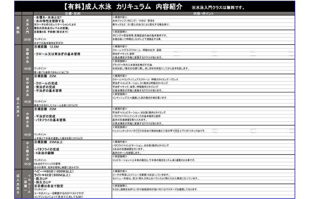 有料・成人水泳カリキュラム内容紹介